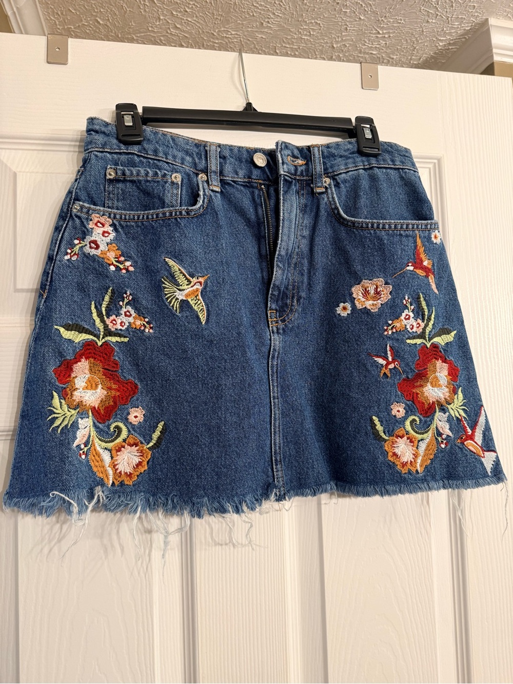 Zara Embroidered Hummingbird Denim Mini Skirt